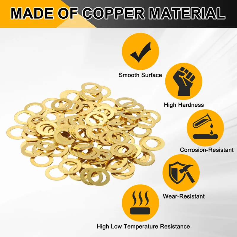 Flat Washers, (M6x10x0.5mm, Golden) (125 Pcs), Brass Sealing Gasket Rings