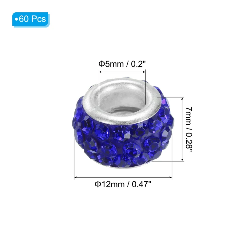 60Pcs 12mm Rhinestone European Beads Large Hole Crystal Beads Sapphire