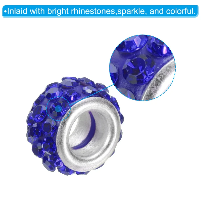 60Pcs 12mm Rhinestone European Beads Large Hole Crystal Beads Sapphire