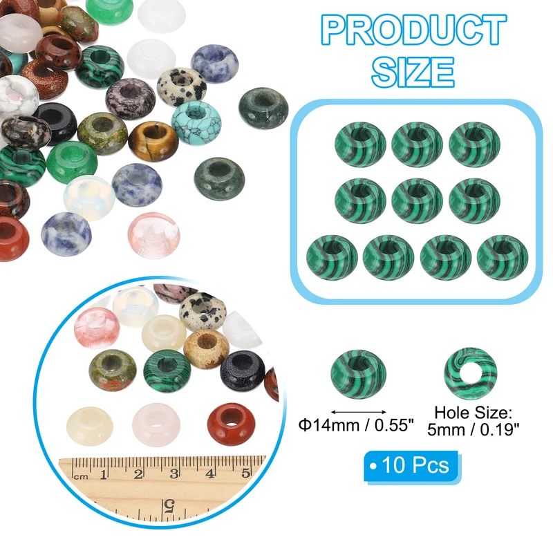 10 Pcs Natural Gemstone Beads, Large Hole Rondelle Beads Loose European Crystal Beads Pack for Jewelry Bracelet DIY Craft, 14 x 8 MM, Malachite Green