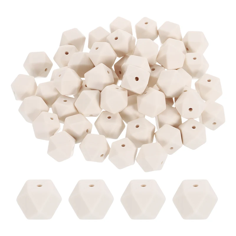 90Pcs Silicone Beads 14mm Loose Hexagon Rubber Focal Beads Beige