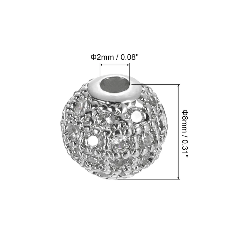 Charm Rhinestone Beads, 8Pcs - 8mm Round Zircon Pave Beads (White - White Gold)