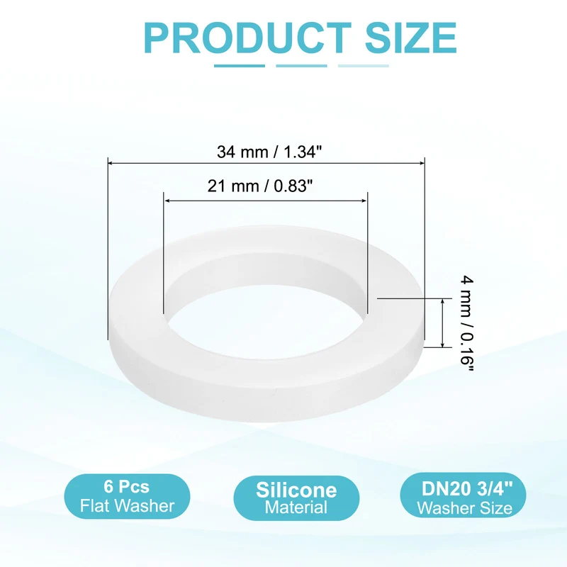 6Pcs Silicone Flat Washer DN20 3/4" Gasket Sealing O Rings, White