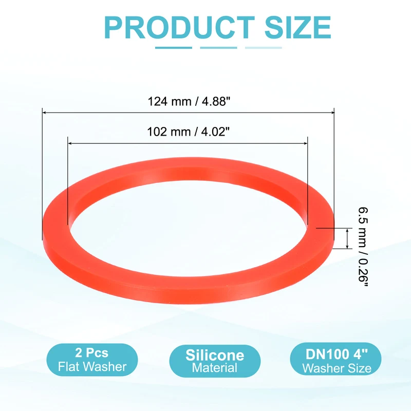 2Pcs Silicone Flat Washer DN100 4" Gasket Sealing O Rings, Red