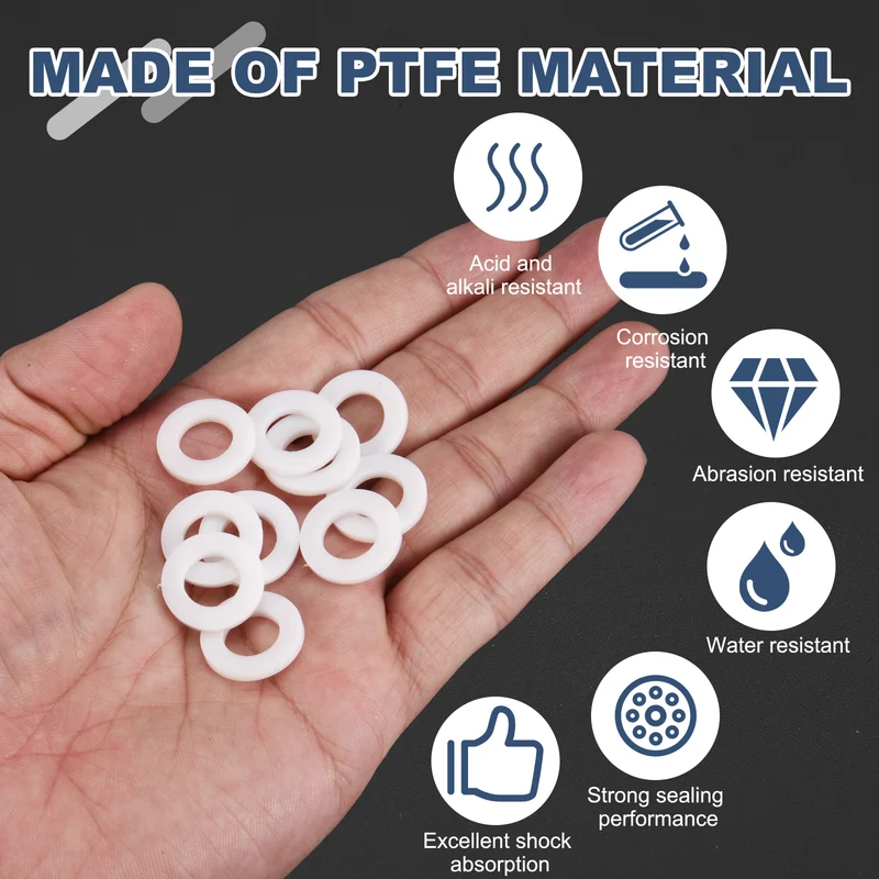 M10 PTFE Flat Washer, 32 Pcs 10x18x2mm O-Ring Sealing Gasket, White