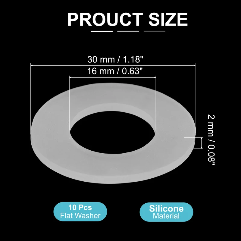 10Pcs M16 Silicone Flat Washer 16mm ID 30mm OD 2mm Thick O Sealing Ring