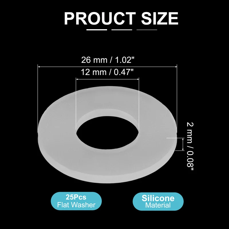 25Pcs M12 Silicone Flat Washer 12mm ID 26mm OD 2mm Thick O Sealing Ring
