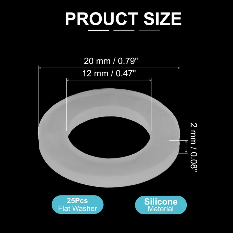 25Pcs M12 Silicone Flat Washer 12mm ID 20mm OD 2mm Thick O Sealing Ring