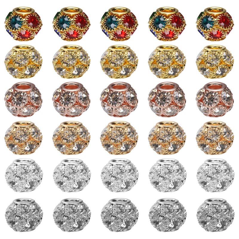 30Pcs Rhinestone Large Hole Beads 12mm Crystal Charm Spacer Beads 6 Colors