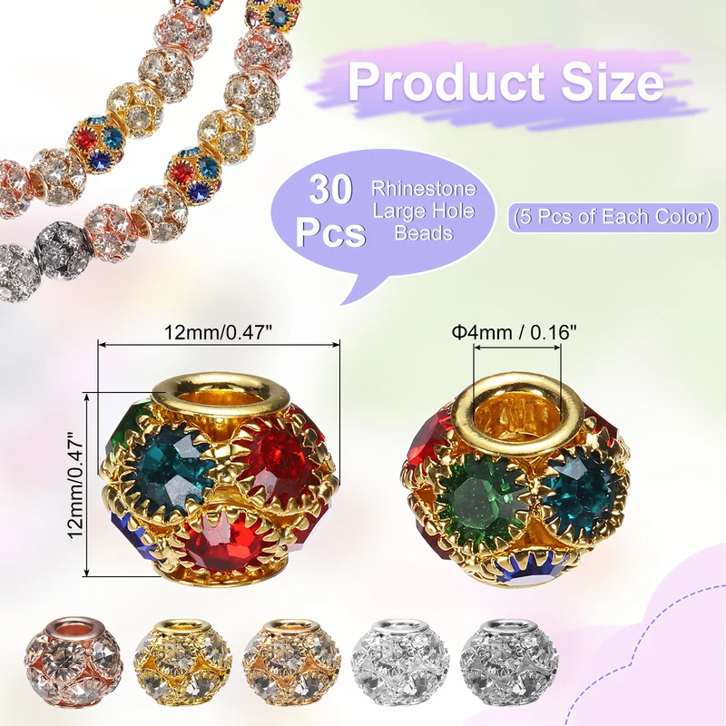 30Pcs Rhinestone Large Hole Beads 12mm Crystal Charm Spacer Beads 6 Colors