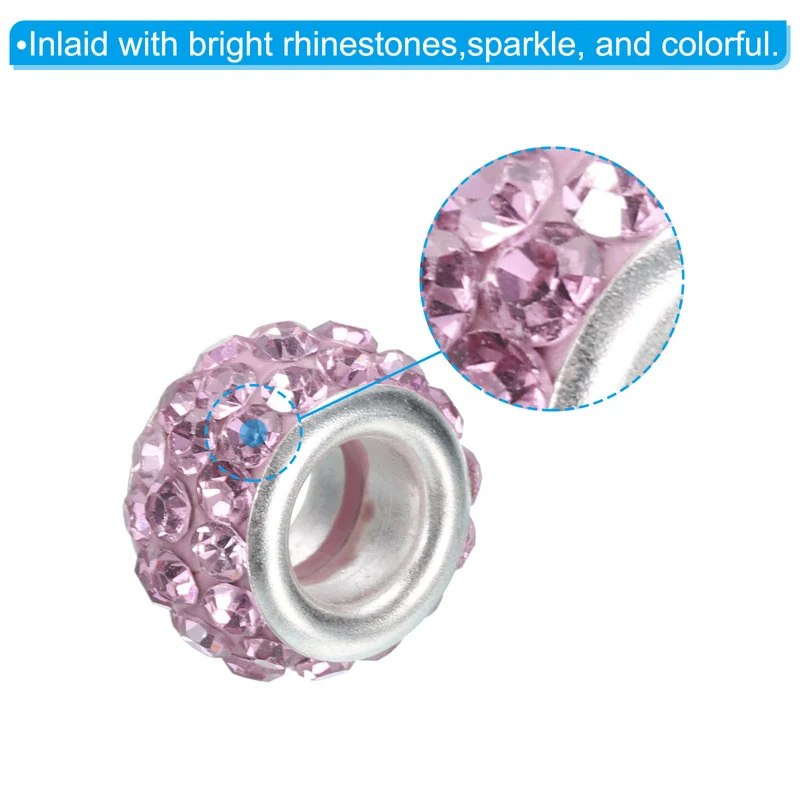 60Pcs 12mm Rhinestone European Beads Large Hole Crystal Beads Light Purple