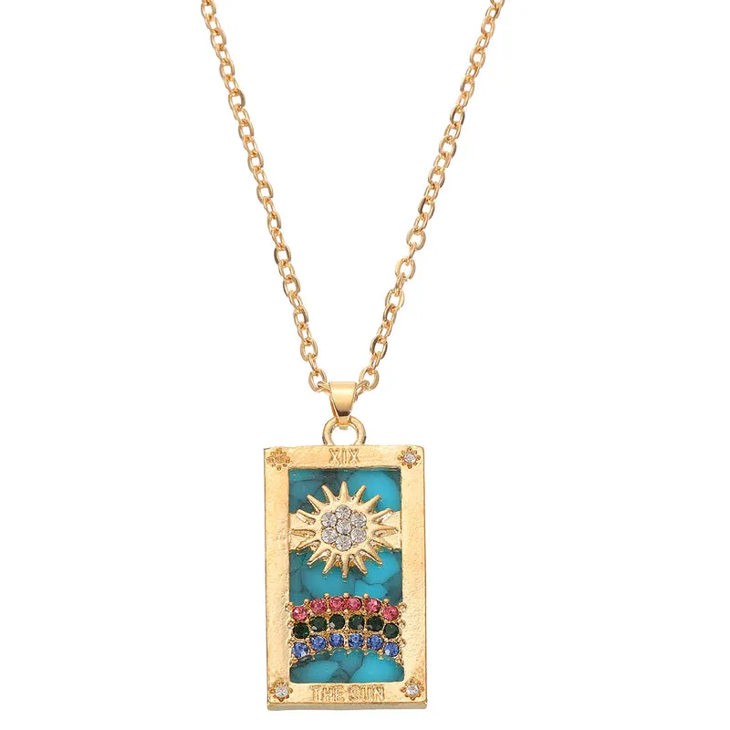 Tarot Card Necklace, Alloy Tarot Sun Necklaces, Gold