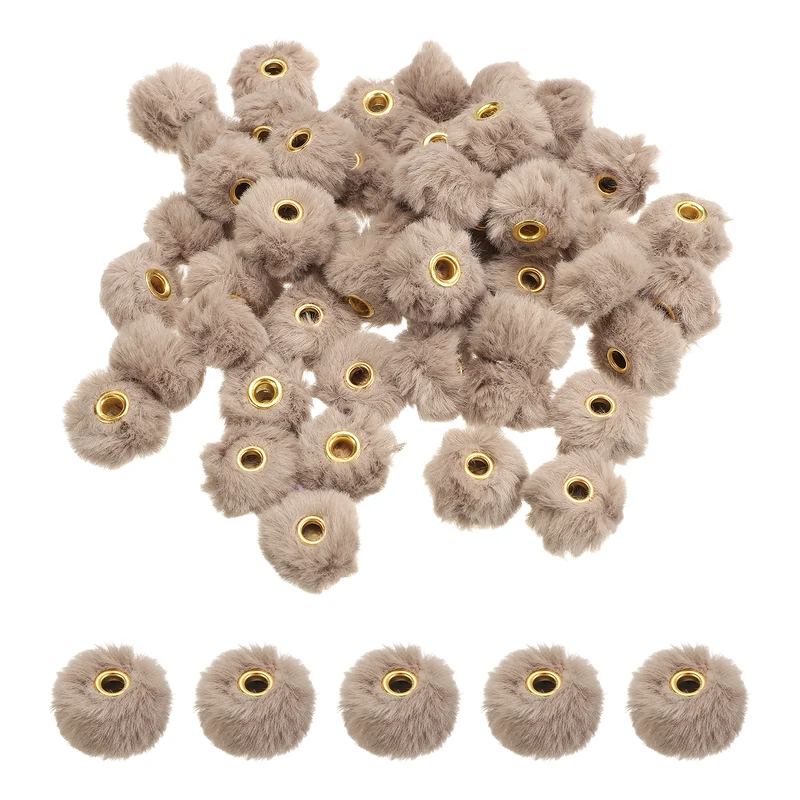 50Pcs Pom Pom Beads, Faux Fur Fuzzy Spacers Bead with 4mm Hole, Grayish Brown