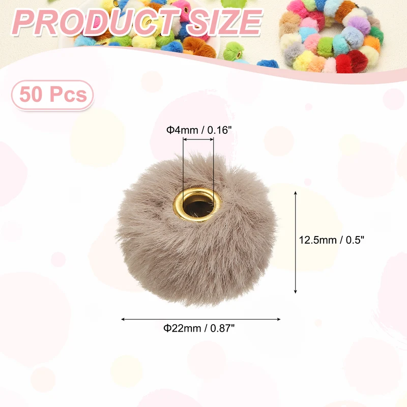 50Pcs Pom Pom Beads, Faux Fur Fuzzy Spacers Bead with 4mm Hole, Grayish Brown