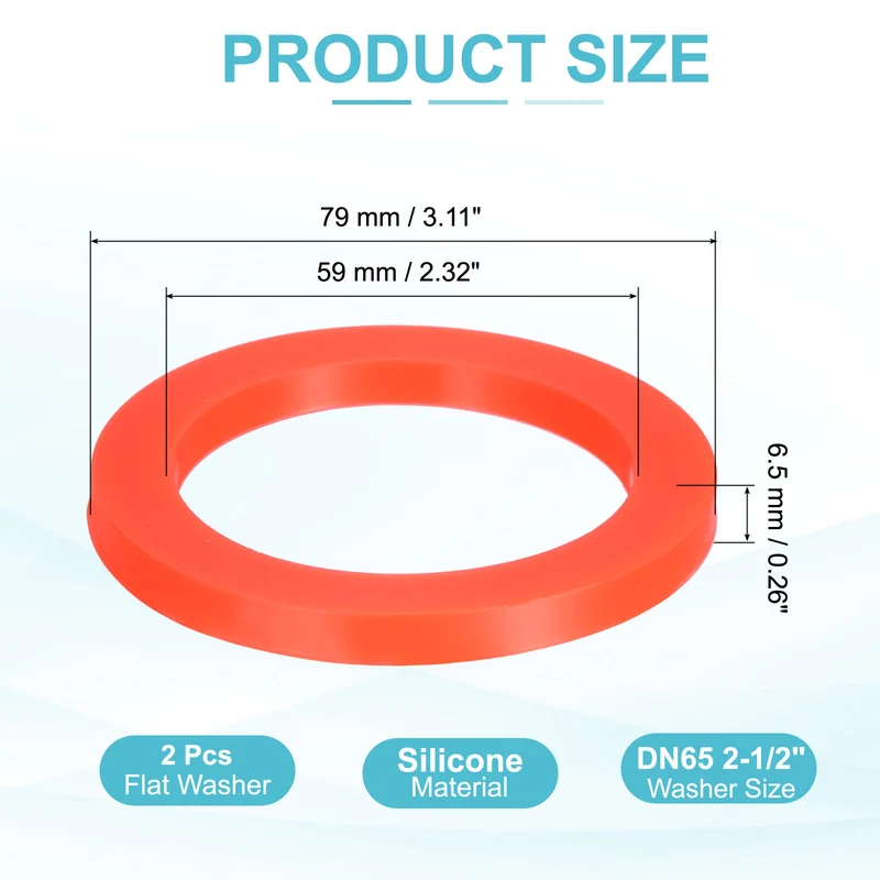 2Pcs Silicone Flat Washer DN65 2-1/2" Gasket Sealing O Rings, Red
