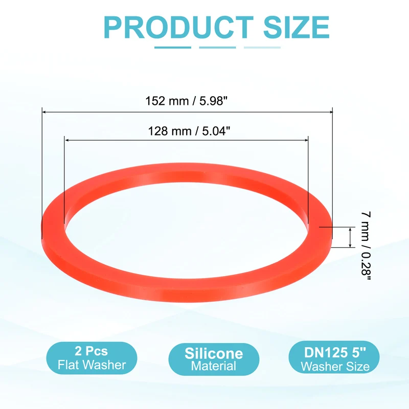 2Pcs Silicone Flat Washer DN125 5" Gasket Sealing O Rings, Red
