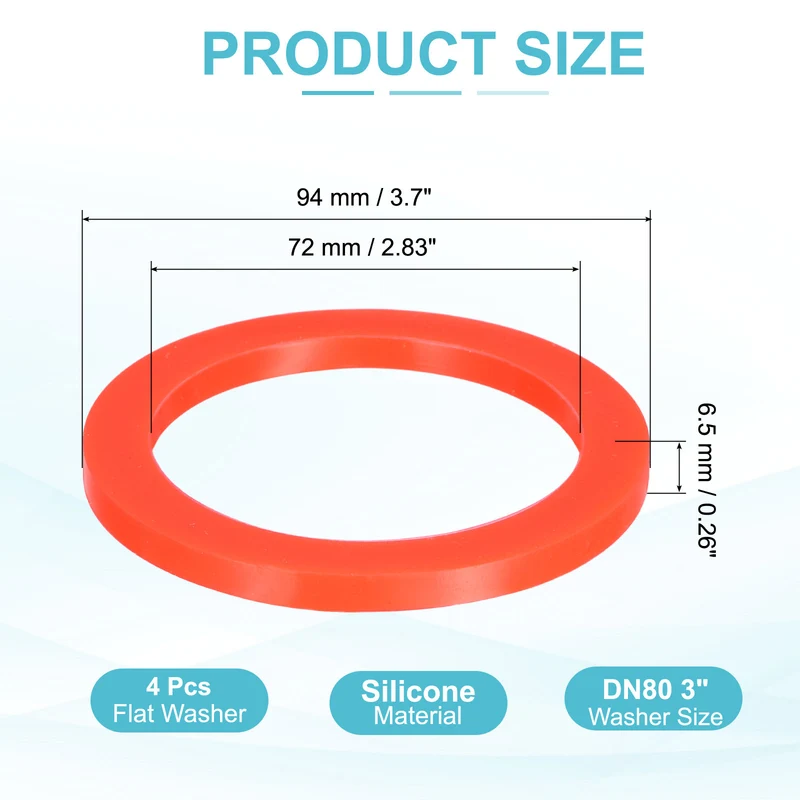 4Pcs Silicone Flat Washer DN80 3" Gasket Sealing O Rings, Red