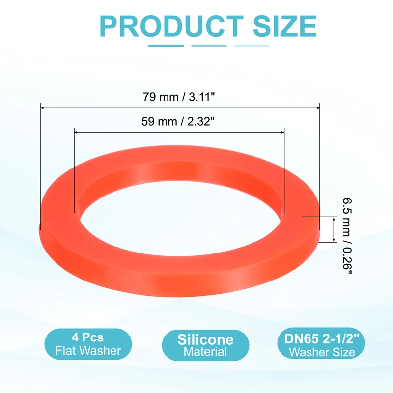 4Pcs Silicone Flat Washer DN65 2-1/2" Gasket Sealing O Rings, Red