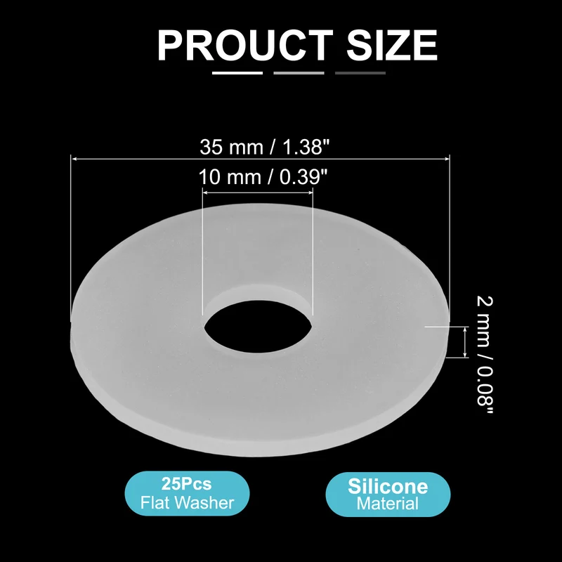 25Pcs M10 Silicone Flat Washer 10mm ID 35mm OD 2mm Thick O Sealing Ring