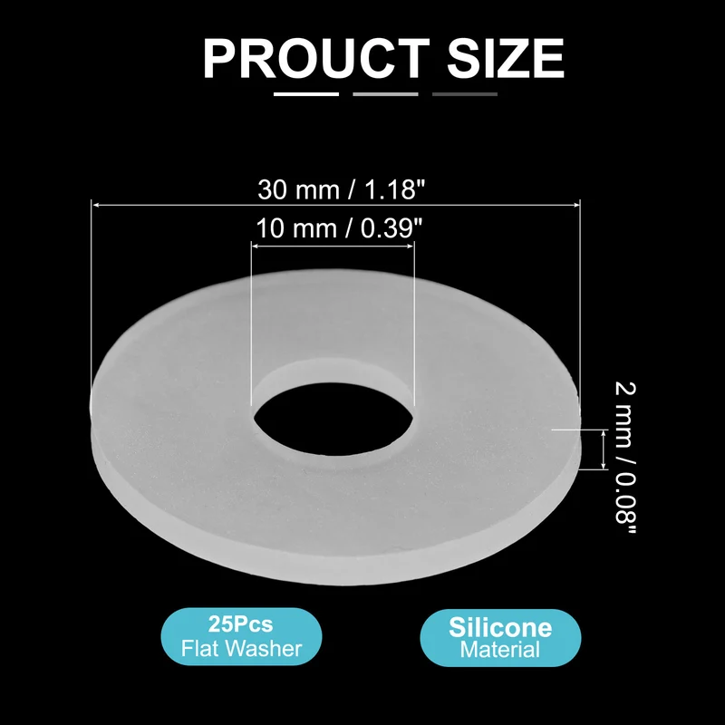 25Pcs M10 Silicone Flat Washer 10mm ID 30mm OD 2mm Thick O Sealing Ring