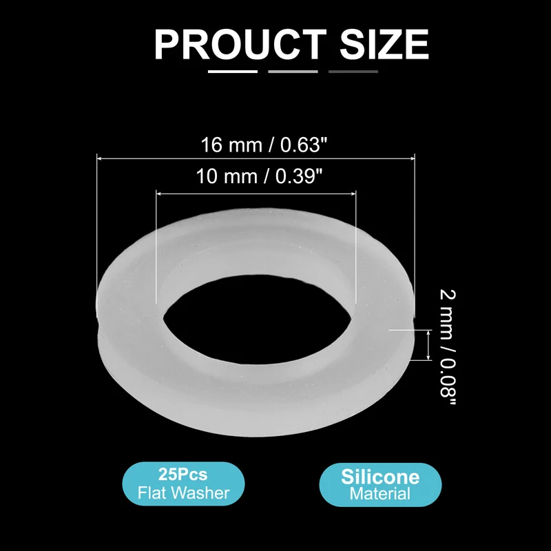 25Pcs M10 Silicone Flat Washer 10mm ID 16mm OD 2mm Thick O Sealing Ring