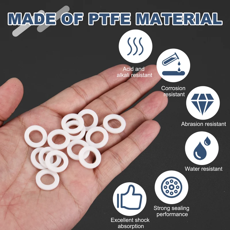 M10 PTFE Flat Washer, 32 Pcs 10x16x2mm O-Ring Sealing Gasket, White