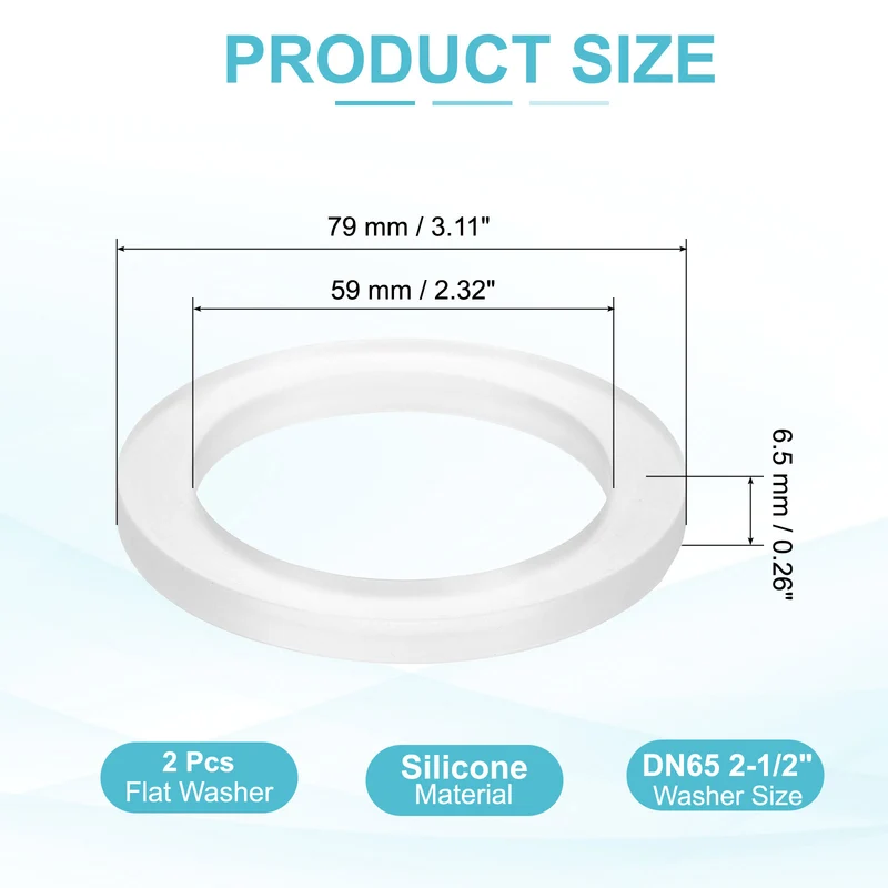 2Pcs Silicone Flat Washer DN65 2-1/2" Gasket Sealing O Rings, Clear