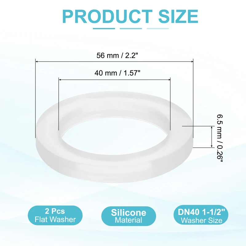 2Pcs Silicone Flat Washer DN40 1-1/2" Gasket Sealing O Rings, Clear