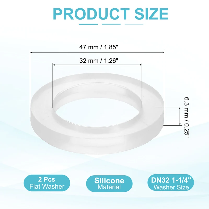 2Pcs Silicone Flat Washer DN32 1-1/4" Gasket Sealing O Rings, Clear