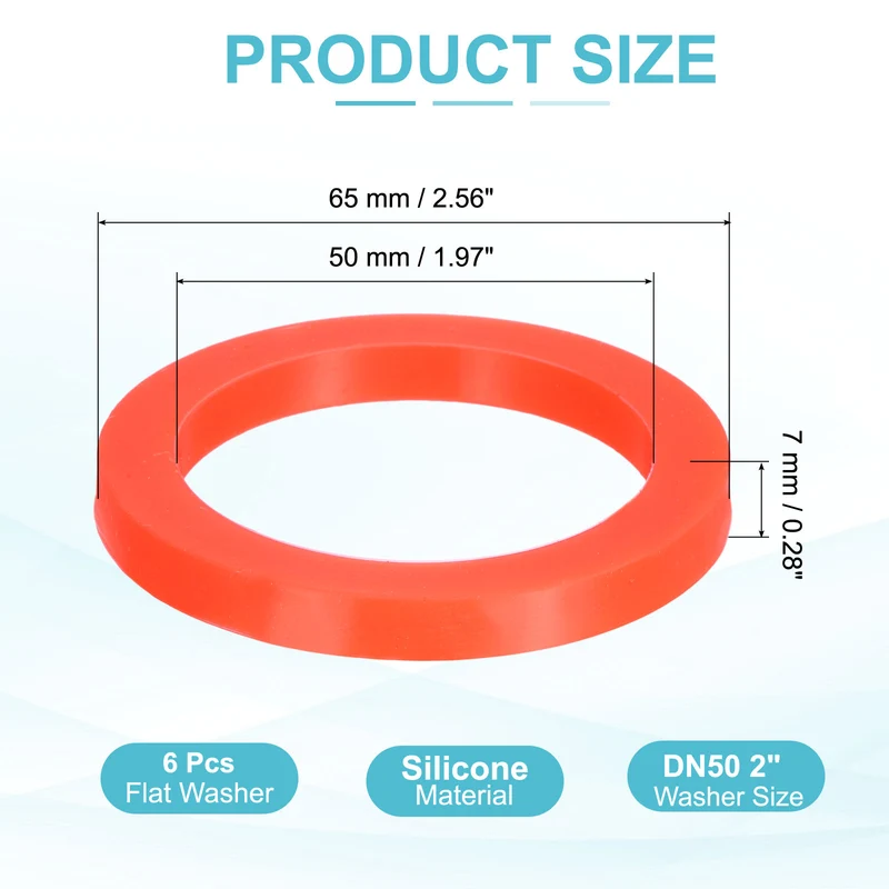 6Pcs Silicone Flat Washer DN50 2 " Gasket Sealing O Rings, Red