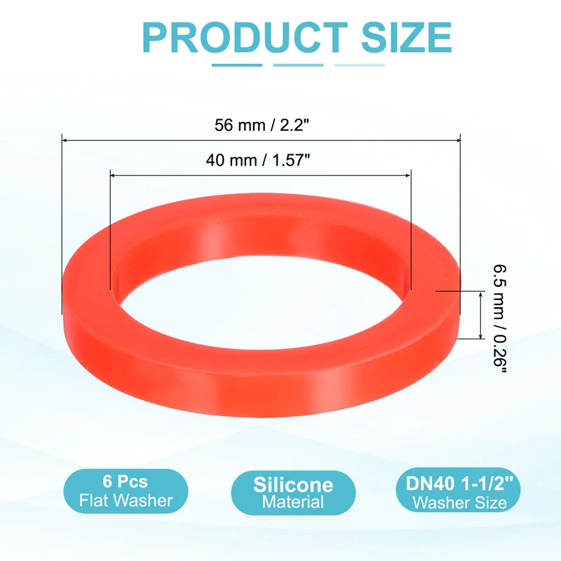 6Pcs Silicone Flat Washer DN40 1-1/2" Gasket Sealing O Rings, Red