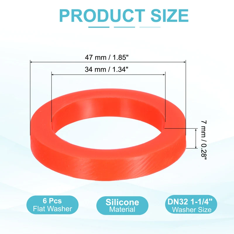 6Pcs Silicone Flat Washer DN32 1-1/4 " Gasket Sealing O Rings, Red