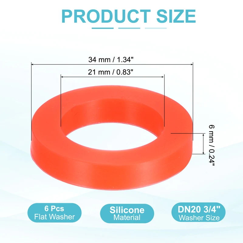 6Pcs Silicone Flat Washer DN20 3/4" Gasket Sealing O Rings, Red
