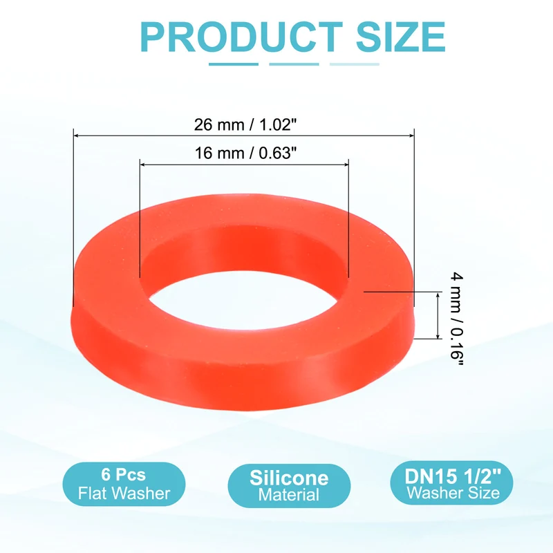6Pcs Silicone Flat Washer DN15 1/2" Gasket Sealing O Rings, Red