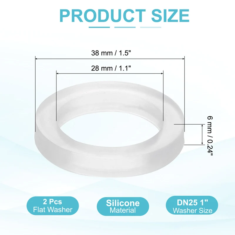 2Pcs Silicone Flat Washer DN25 1" Gasket Sealing O Rings, Clear