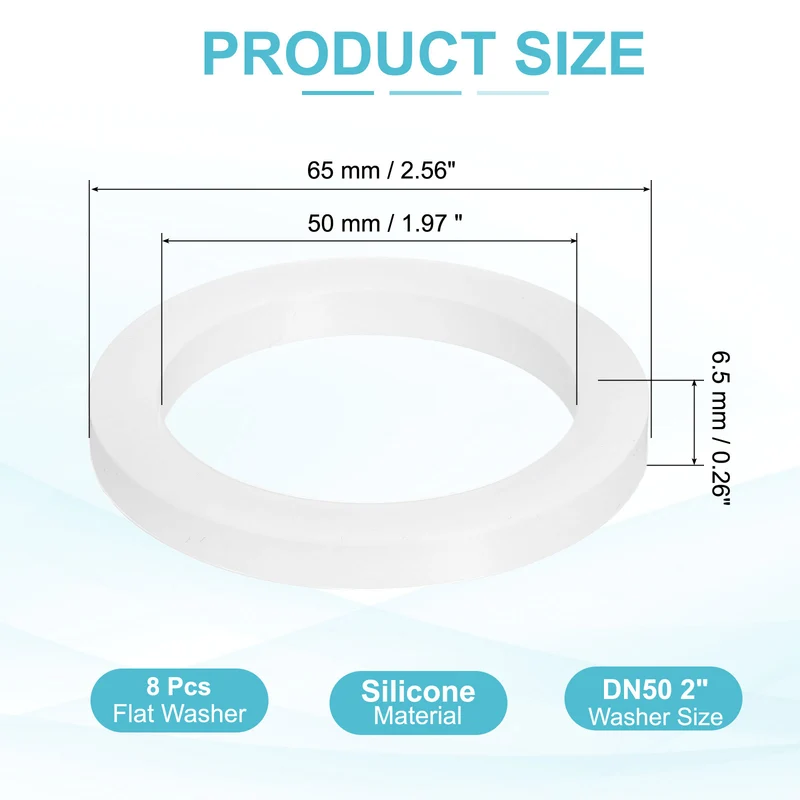 8Pcs Silicone Flat Washer DN50 2 " Gasket Sealing O Rings, White
