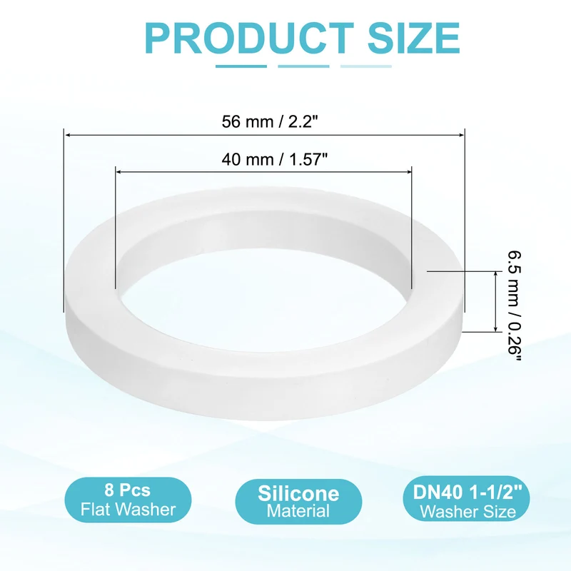 8Pcs Silicone Flat Washer DN40 1-1/2" Gasket Sealing O Rings, White