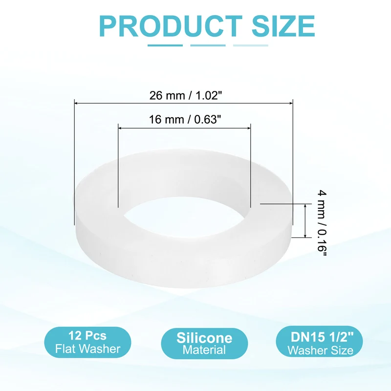 12Pcs Silicone Flat Washer DN15 1/2" Gasket Sealing O Rings, White