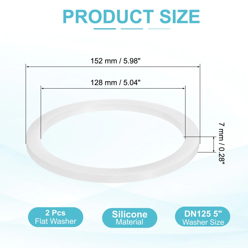 2Pcs Silicone Flat Washer DN125 5" Gasket Sealing O Rings, White
