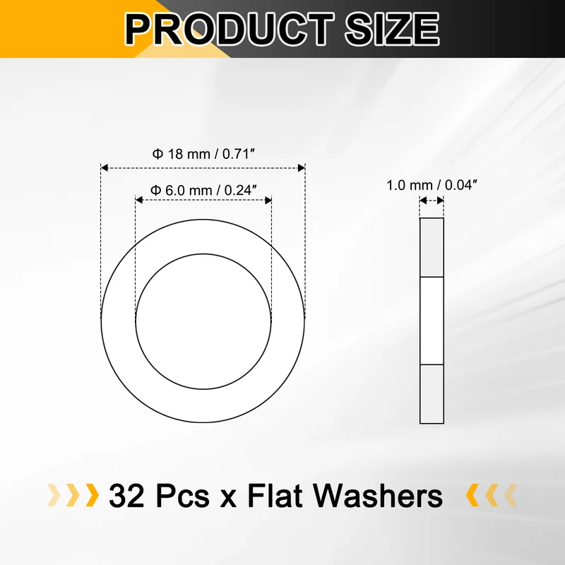 Flat Washers, (M6x18x1mm, Golden) (32 Pcs), Brass Sealing Gasket Rings