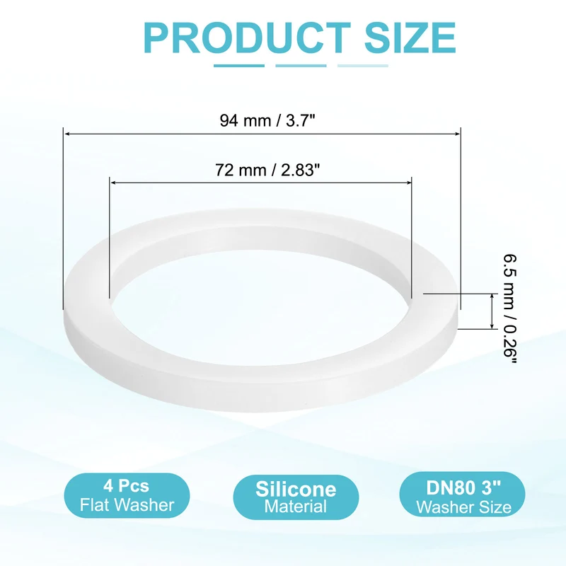 4Pcs Silicone Flat Washer DN80 3" Gasket Sealing O Rings, White