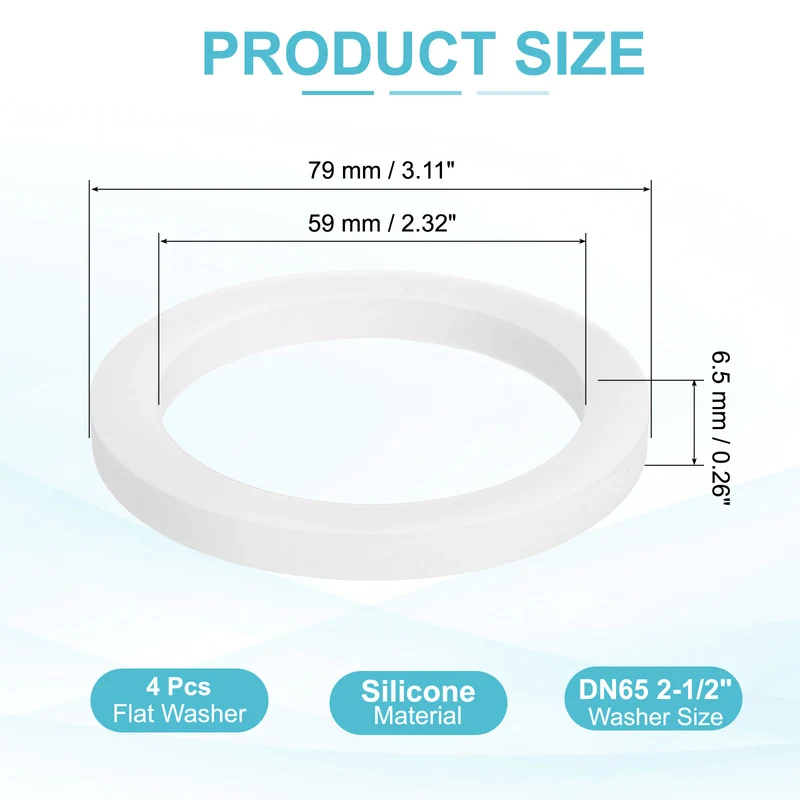 4Pcs Silicone Flat Washer DN65 2-1/2" Gasket Sealing O Rings, White