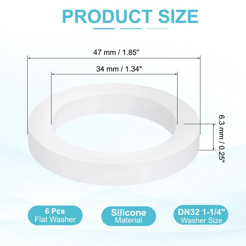 6Pcs Silicone Flat Washer DN32 1-1/4 " Gasket Sealing O Rings, White