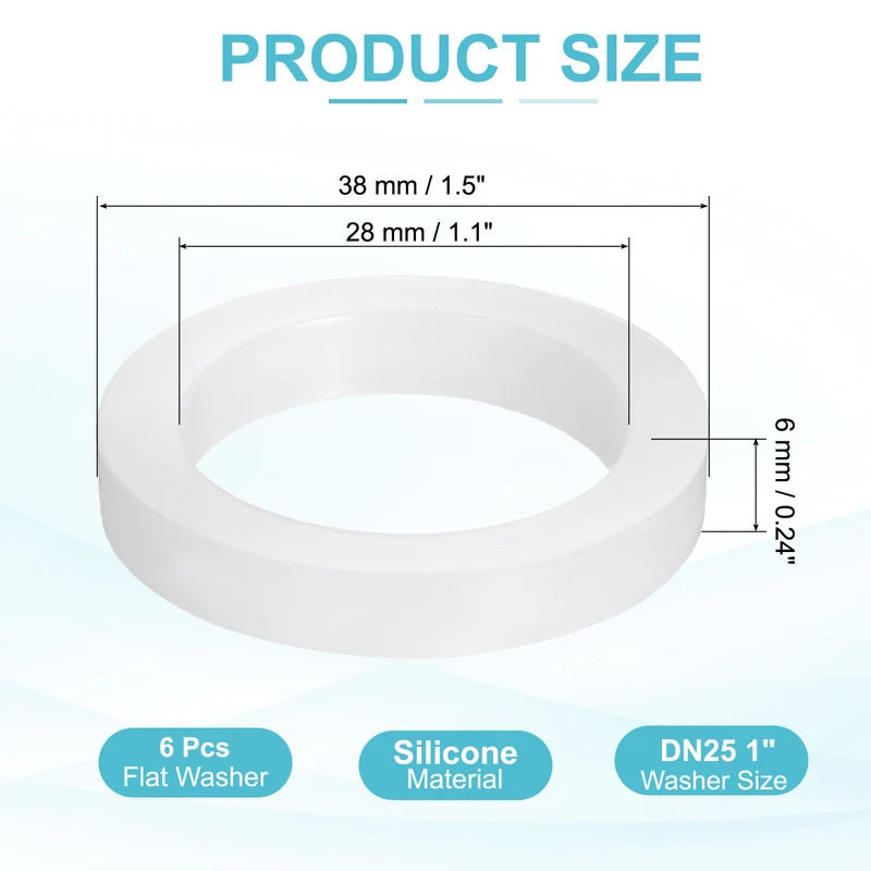 6Pcs Silicone Flat Washer DN25 1" Gasket Sealing O Rings, White