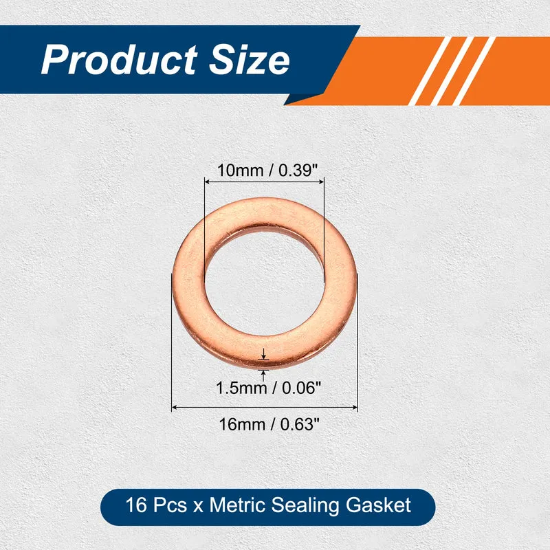 16 Pcs M10 Flat Washer, 10mm ID 16mm OD 1.5mm Thickness Copper Sealing Ring