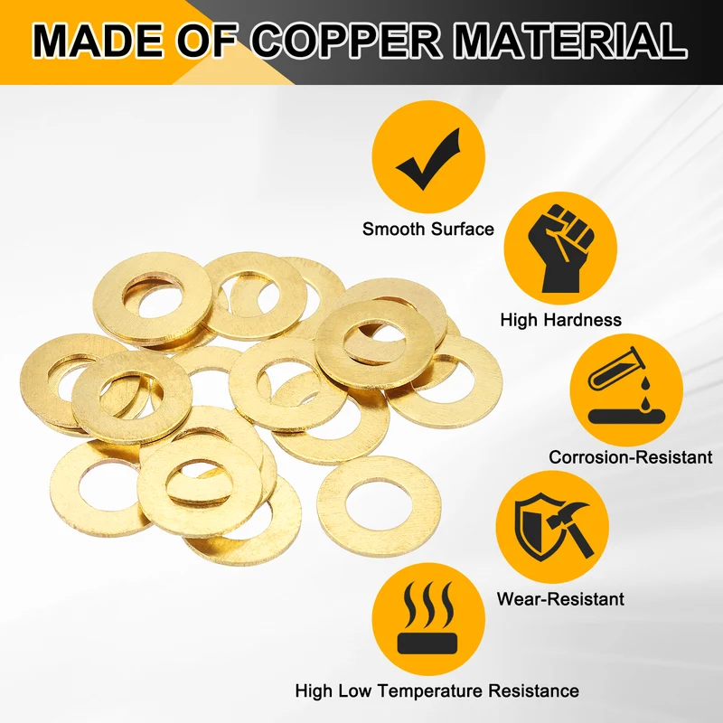 Flat Washers, (M10x20x1mm, Golden) (32 Pcs), Brass Sealing Gasket Rings