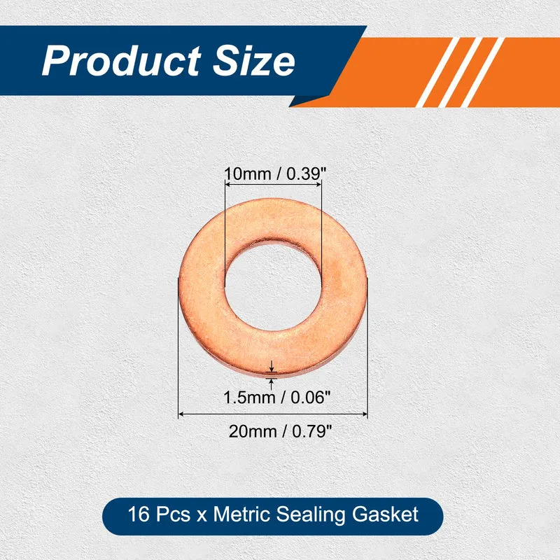 16 Pcs M10 Flat Washer, 10mm ID 20mm OD 1.5mm Thickness Copper Sealing Ring