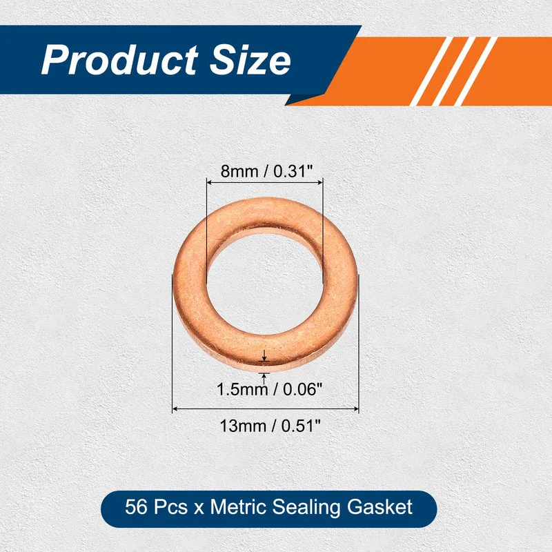 56 Pcs M8 Flat Washer, 8mm ID 13mm OD 1.5mm Thickness Copper Sealing Ring