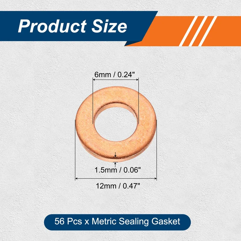56 Pcs M6 Flat Washer, 6mm ID 12mm OD 1.5mm Thickness Copper Sealing Ring