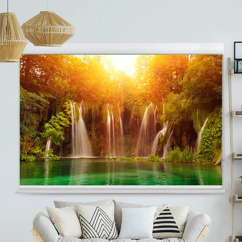 Kassettenrollo Motiv "Waldsee Wasserfall Sonnenlicht" | bis B 420 x H 420 cm